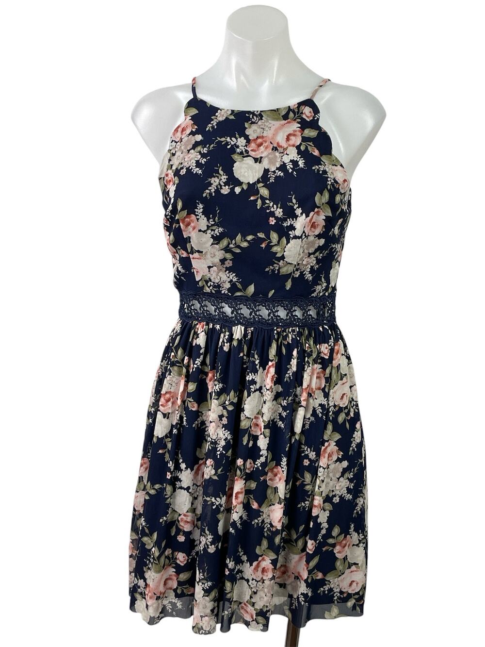 By & By Blue Floral High Neck Sleeveless Lace Fit & Flare Mini Dress Size 5